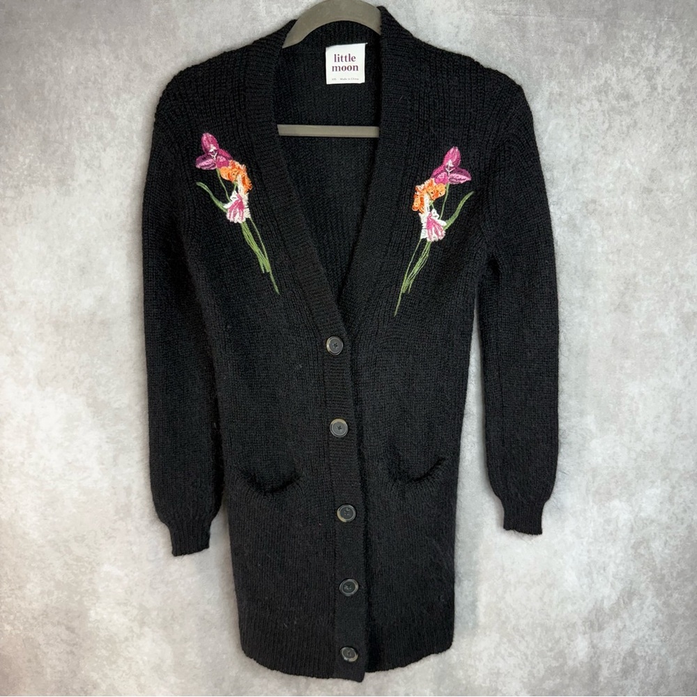 Little Moon x Aritzia Wool Mohair Floral Applique Cardigan Sweater In Black XXS